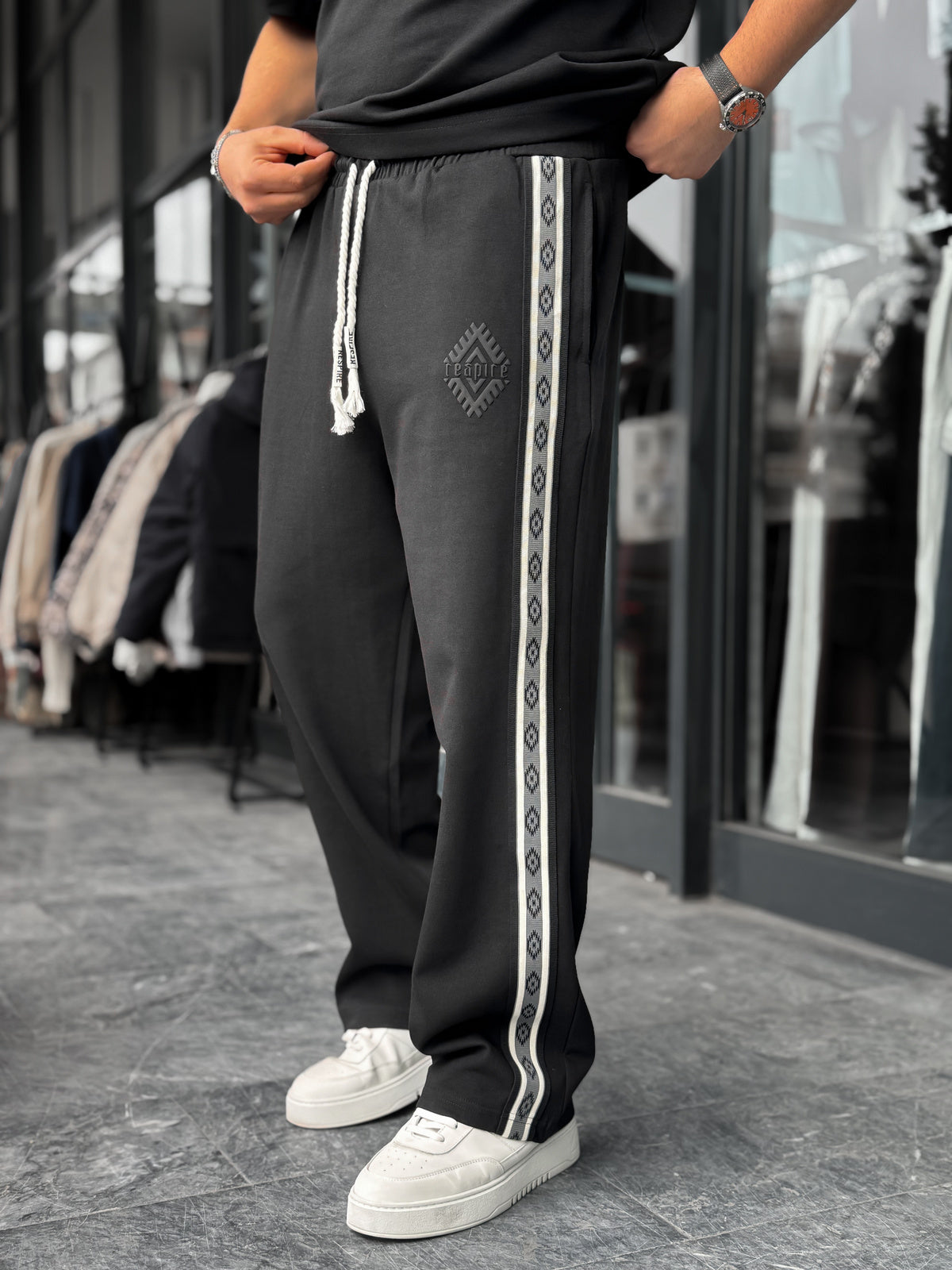 Black Patterned Striped Straight Leg Sweatpants