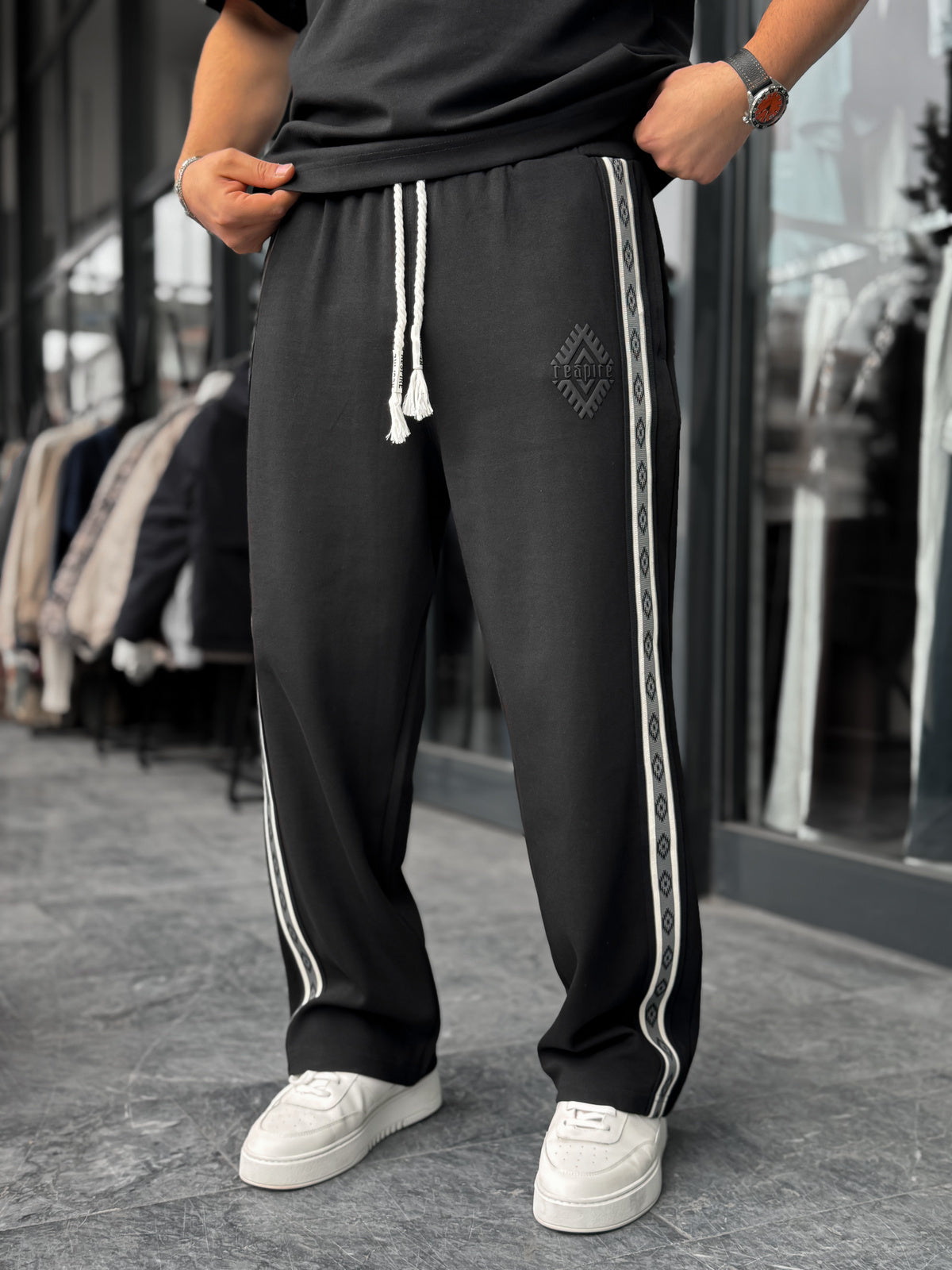 Black Patterned Striped Straight Leg Sweatpants