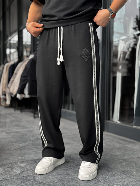 Black Patterned Striped Straight Leg Sweatpants