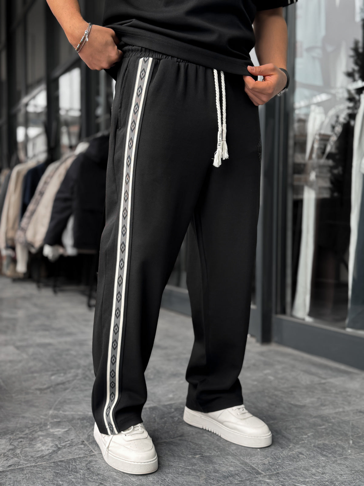 Black Patterned Striped Straight Leg Sweatpants