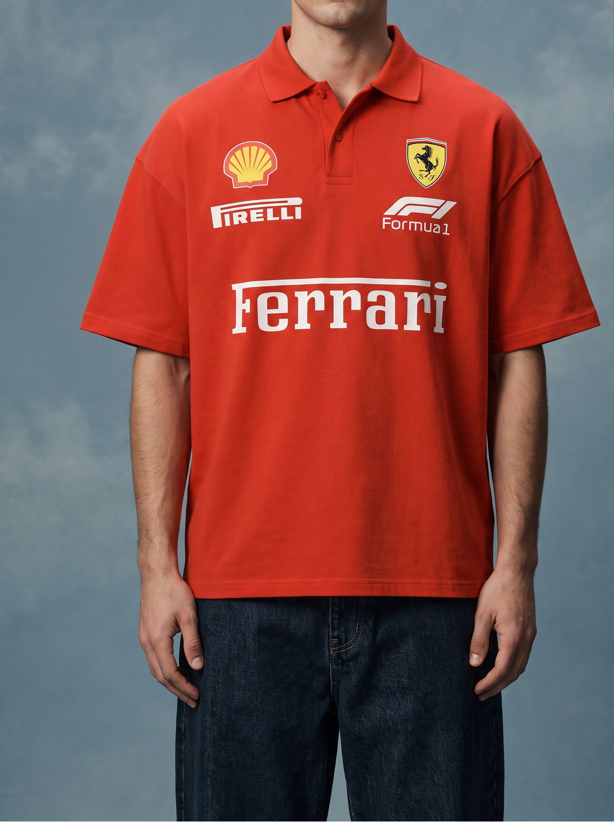 Red motorsport graphic collared shirt back cursive print