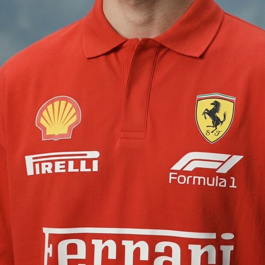 Red motorsport graphic collared shirt detail of chest badge