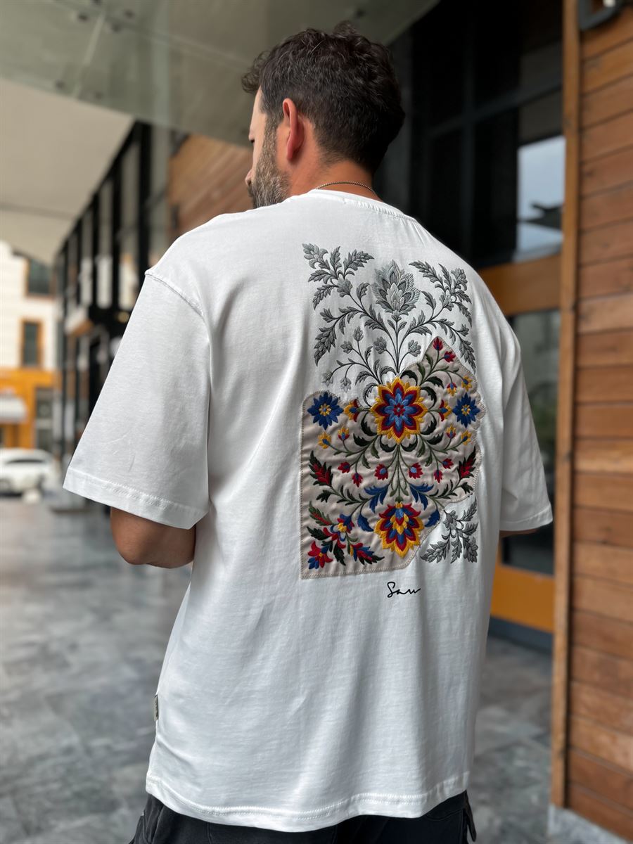 White Oversize T-Shirt with Back Floral Embroidery
