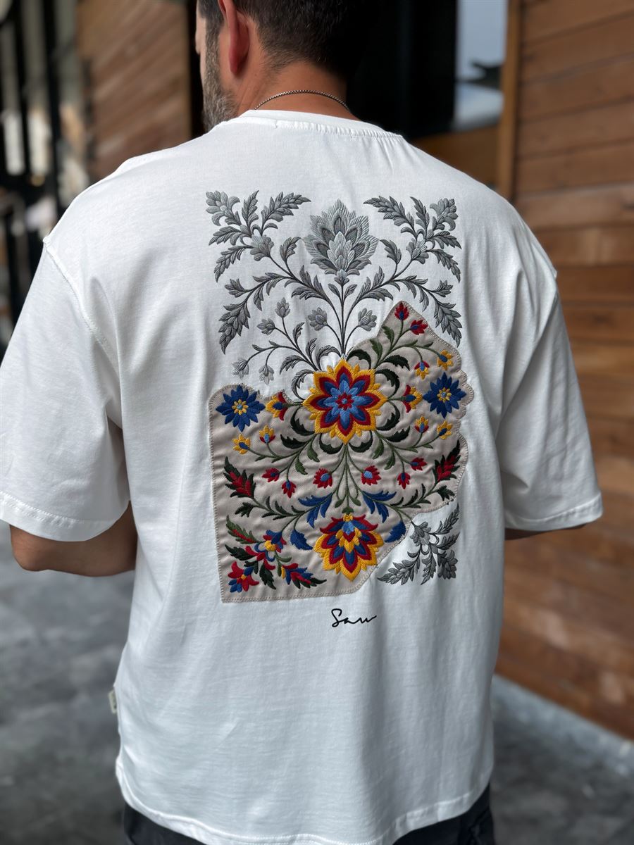 White Oversize T-Shirt with Back Floral Embroidery
